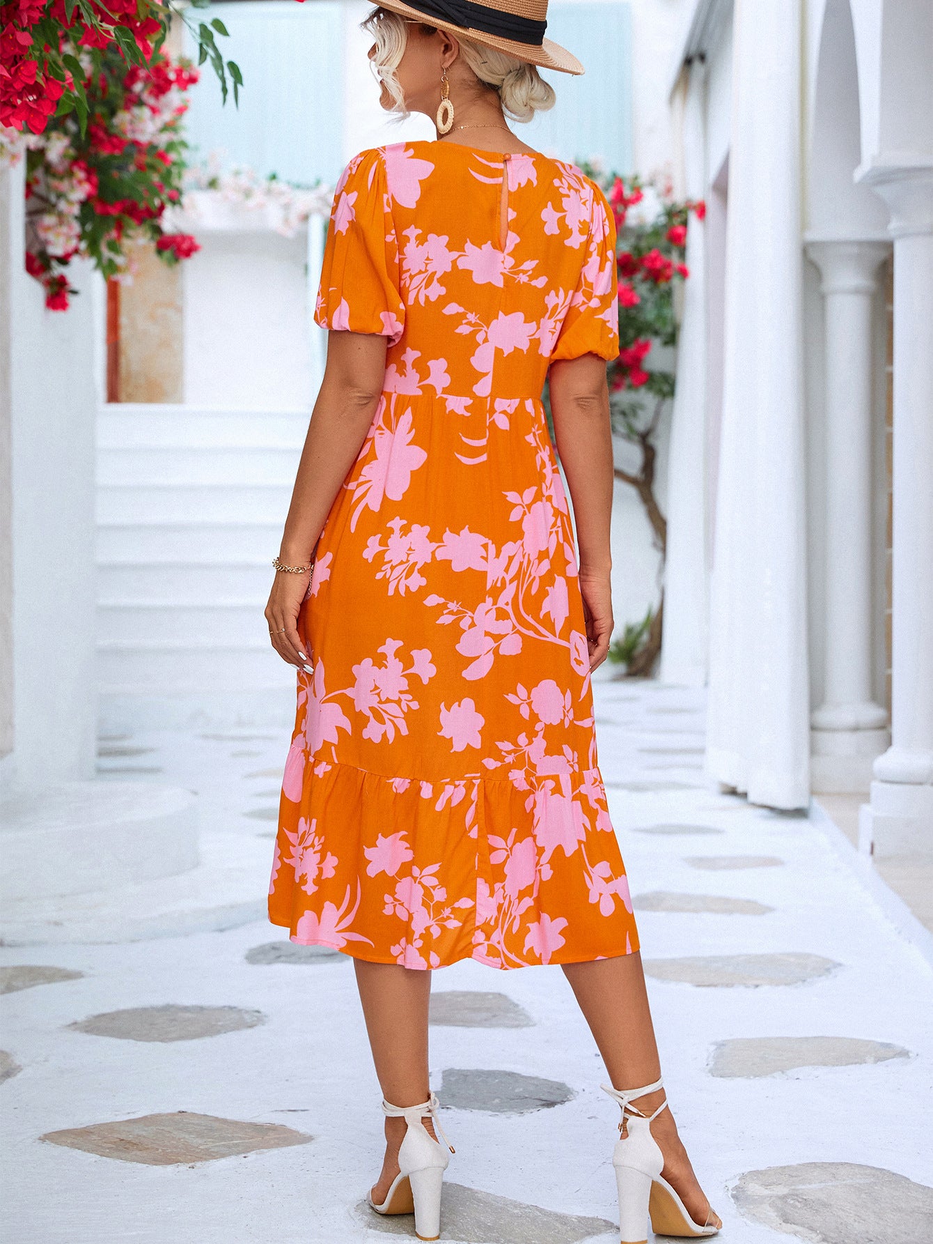 Floral Puff Sleeve Ruffle Hem Midi Dress apparel & accessories