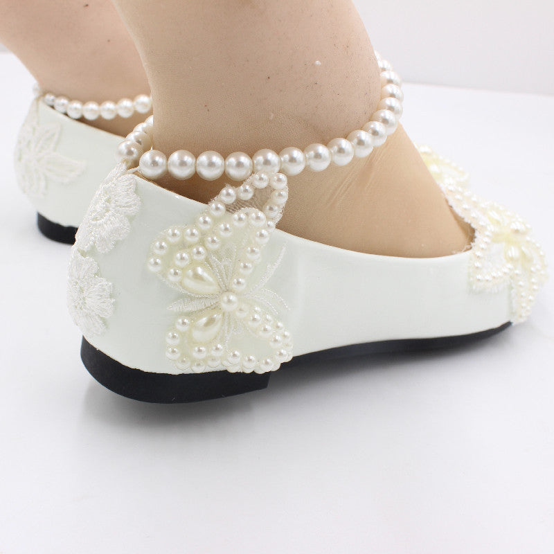 White Flat Bottom Butterfly Bead Chain Shoes Shoes & Bags