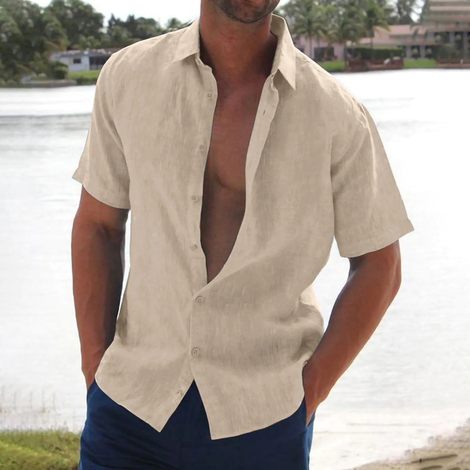 Men's Lapel Solid Color Short Sleeved Shirt apparel & accessories