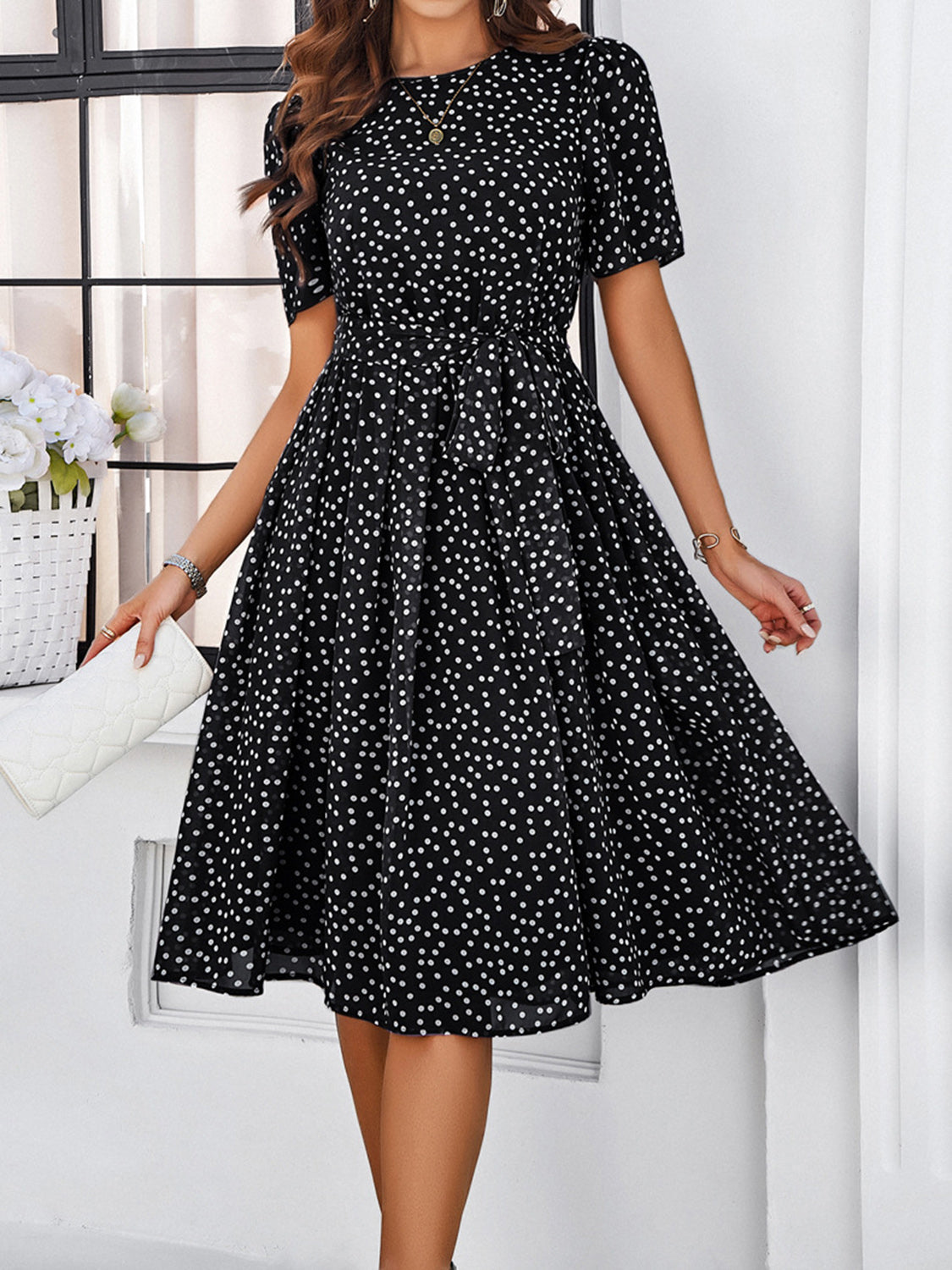 Printed Round Neck Short Sleeve Dress Dresses & Tops