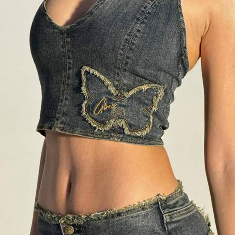 Girl Loose Edge Butterfly Denim Vest apparels & accessories