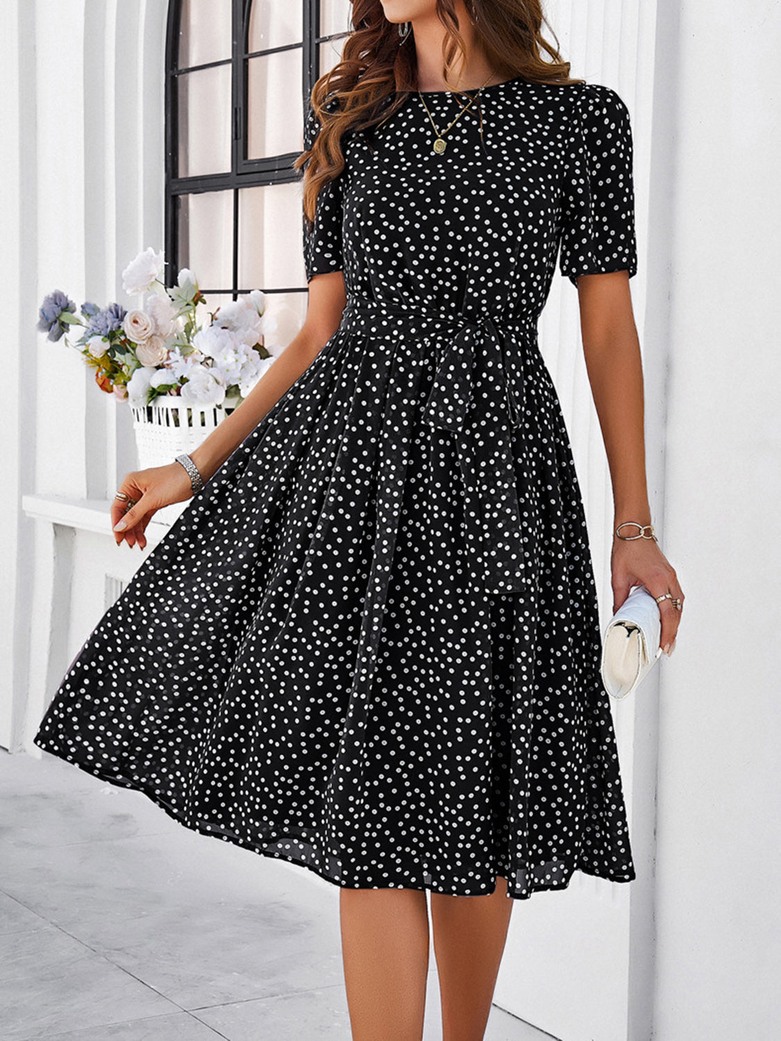 Printed Round Neck Short Sleeve Dress Dresses & Tops