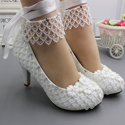 Lace-up White Wedding Dress Plus Size High Heel Women's Shoes Shoes & Bags