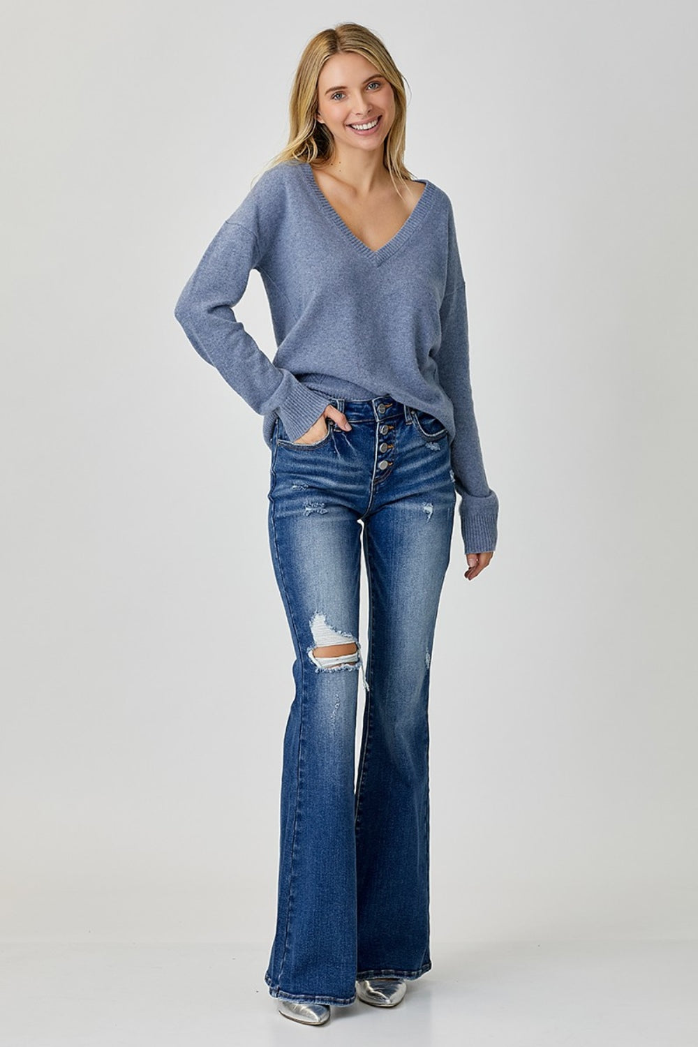 RISEN Distressed Button-Fly Flare Jeans Bottom wear