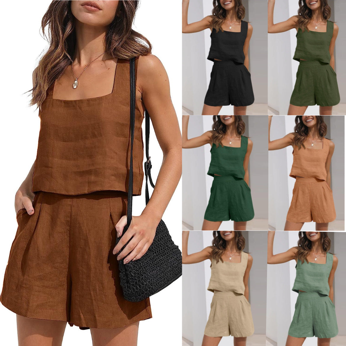 Casual Cotton Linen Sleeveless Square Collar Top Two-piece Shorts Suit apparels & accessories