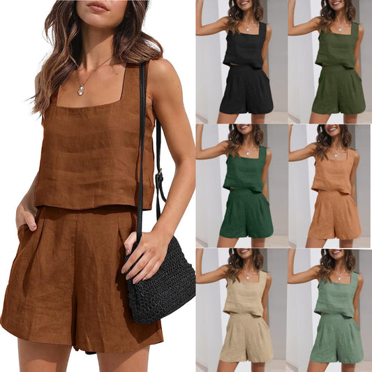 Casual Cotton Linen Sleeveless Square Collar Top Two-piece Shorts Suit apparels & accessories