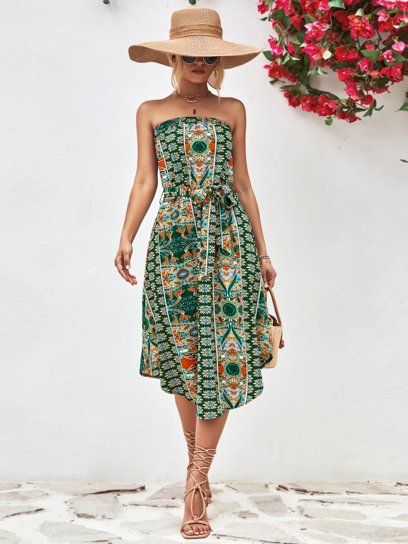 Printed Strapless Tie Belt Dress apparel & accessories