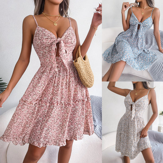 Spring And Summer Floral Bow V-neck Ruffled Large Swing Dress apparels & accessories