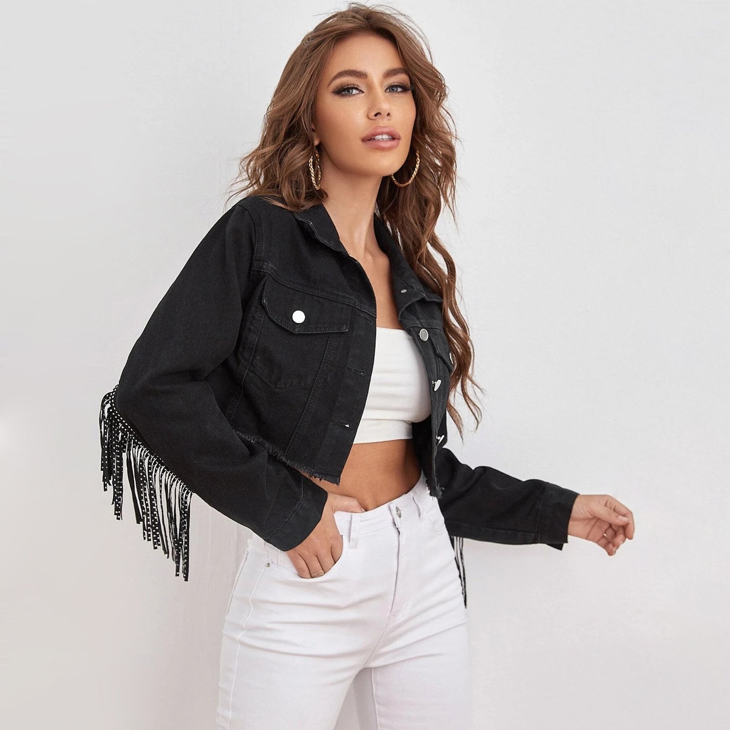 Women's Fashion Tassel Raw Edge Denim Jacket apparels & accessories