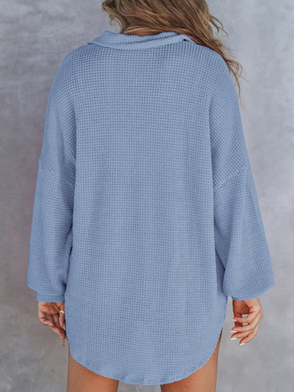 Waffle-Knit Dropped Shoulder Long Sleeve Sweatshirt Dresses & Tops