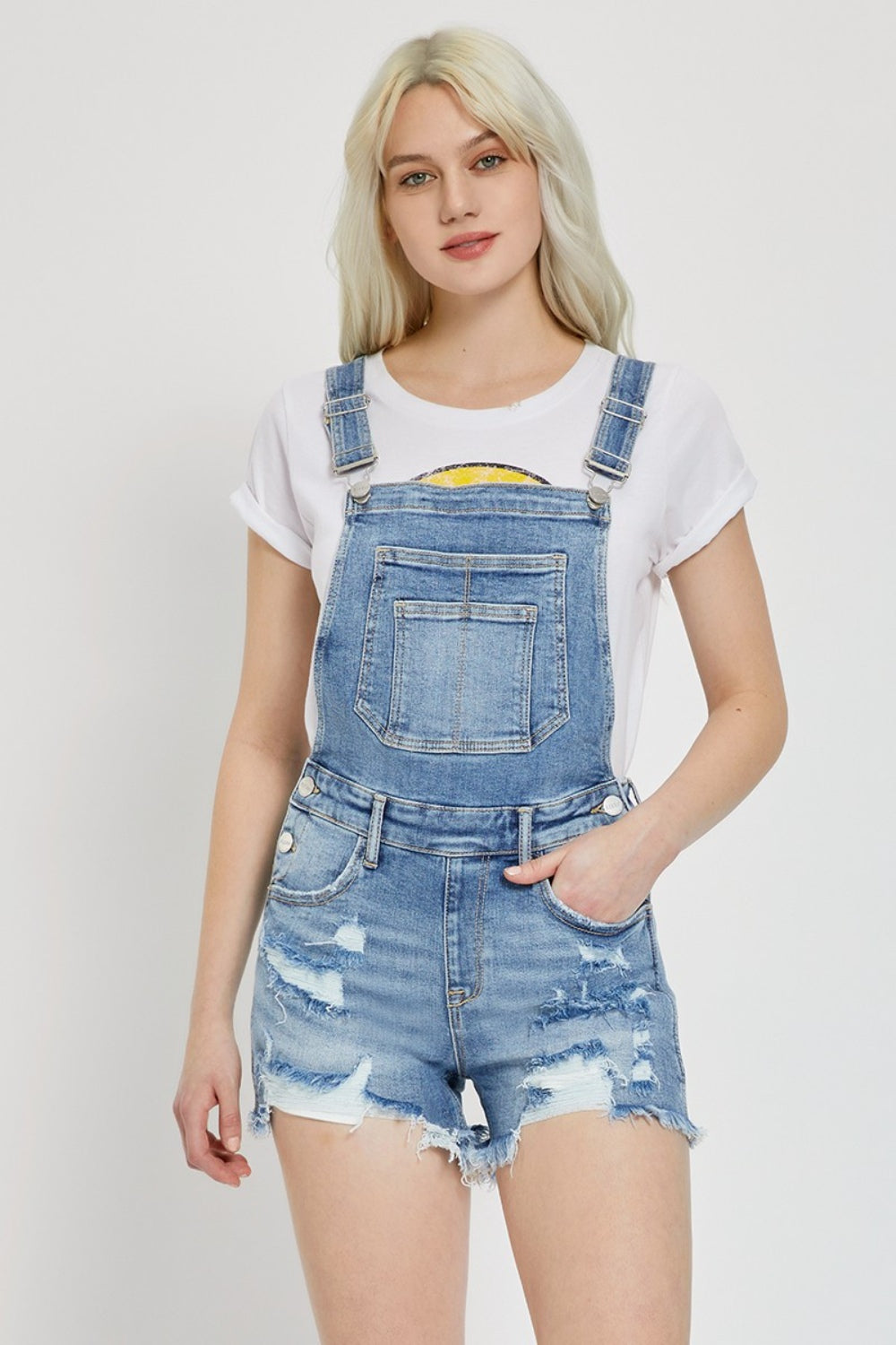 RISEN Distressed Raw Hem Denim Overalls Bottom wear