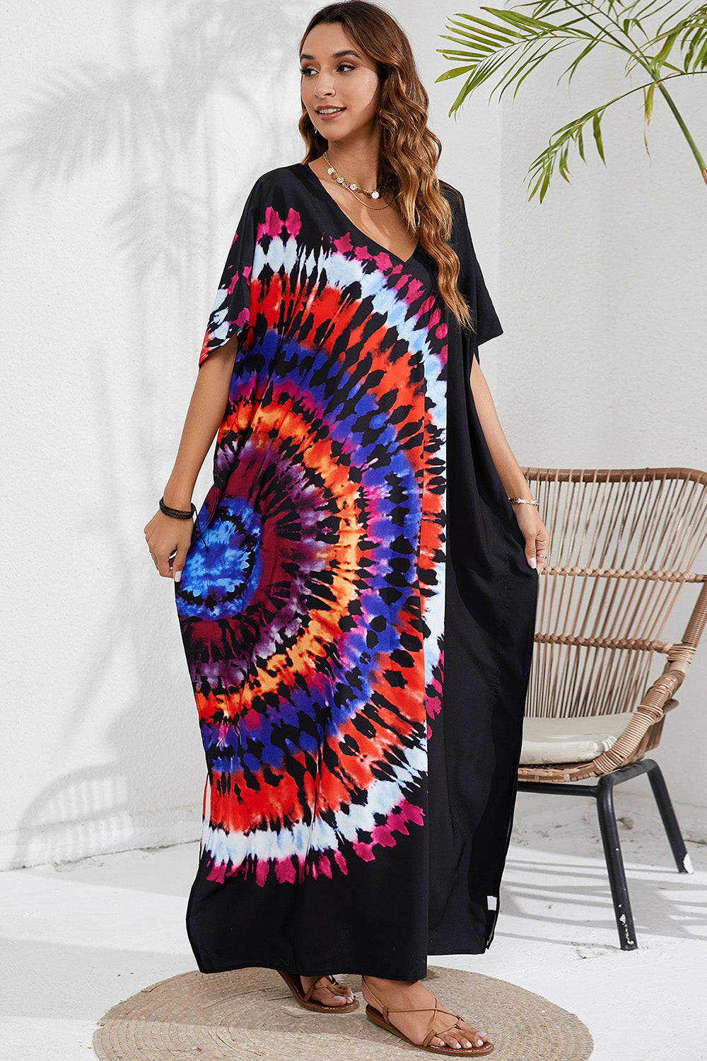 Slit Printed V-Neck Short Sleeve Cover Up apparel & accessories