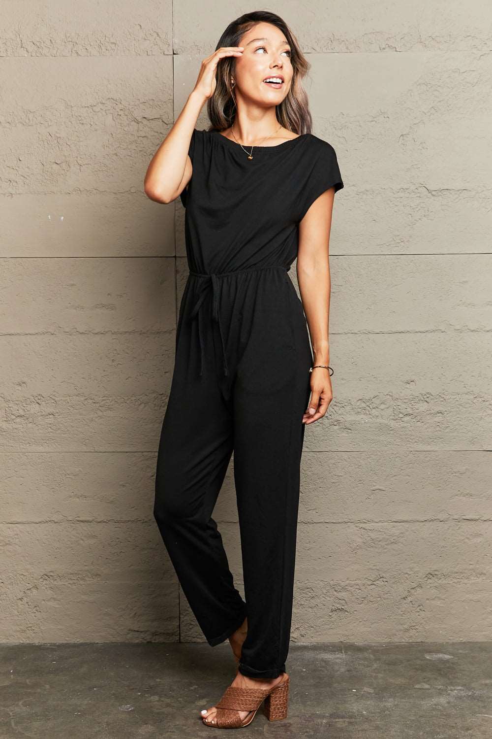 Boat Neck Short Sleeve Jumpsuit with Pockets Bottom wear