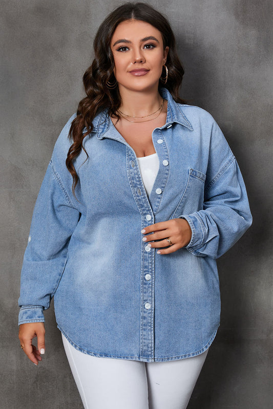 Plus Size Button Up Pocketed Denim Top Dresses & Tops