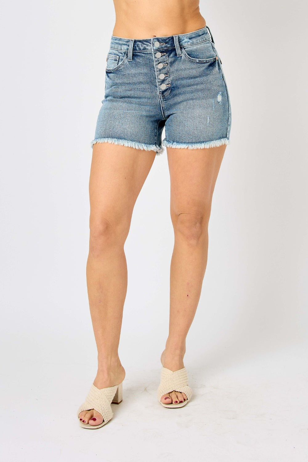 Judy Blue Full Size Button Fly Raw Hem Denim Shorts shorts