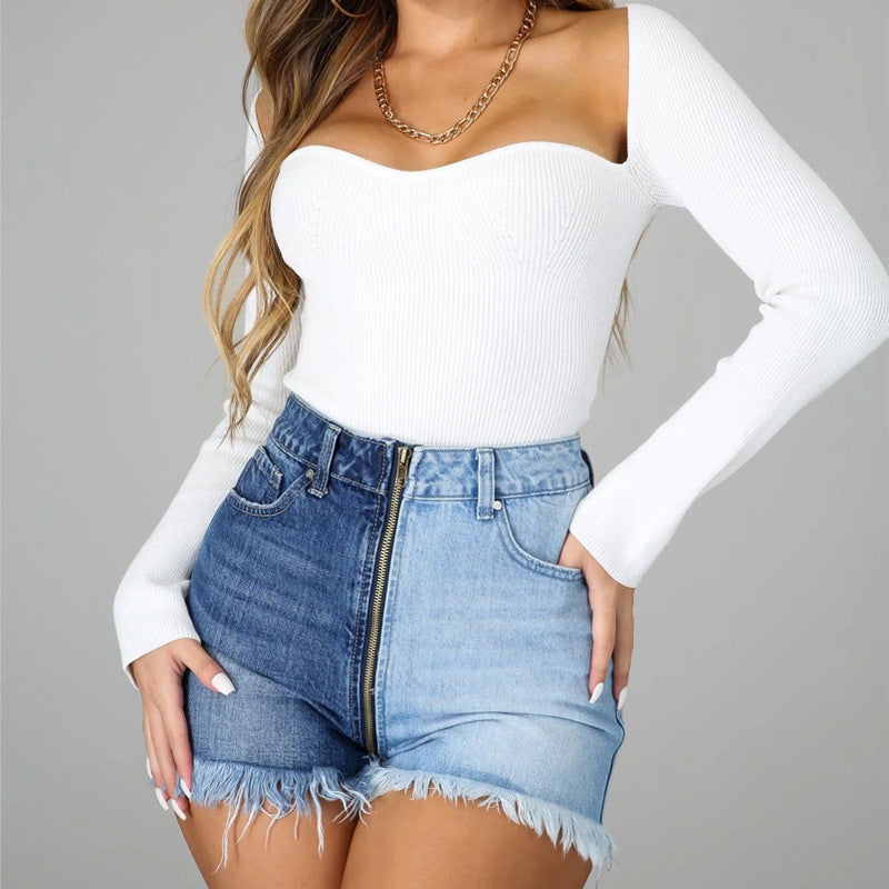 Summer Long Zipper Slimming High Waist Denim Shorts apparel & accessories