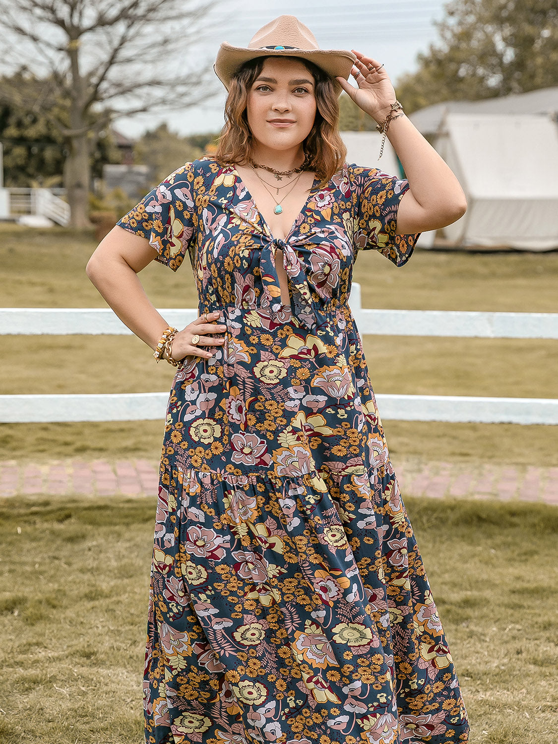 Plus Size Tied Printed Short Sleeve Midi Dress Dresses & Tops