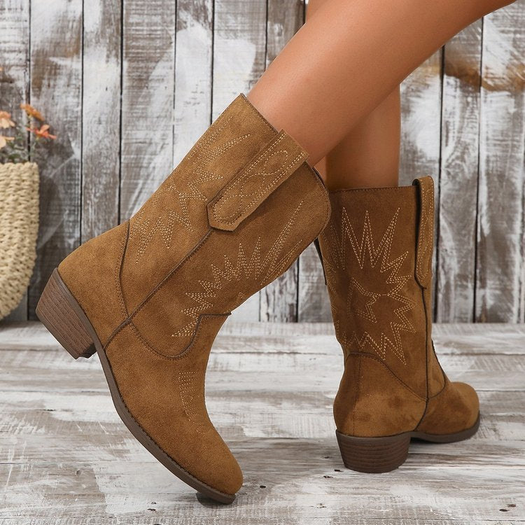 Pointed Toe Western Denim Ankle Boots Suede Chunky Heel Shoes & Bags