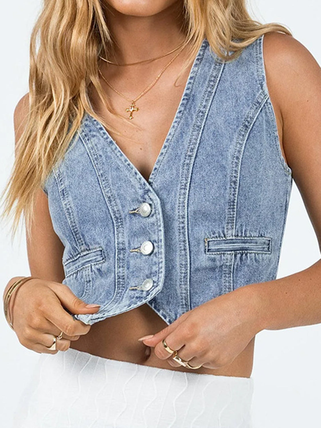 Button Up Sleeveless Denim Top Dresses & Tops