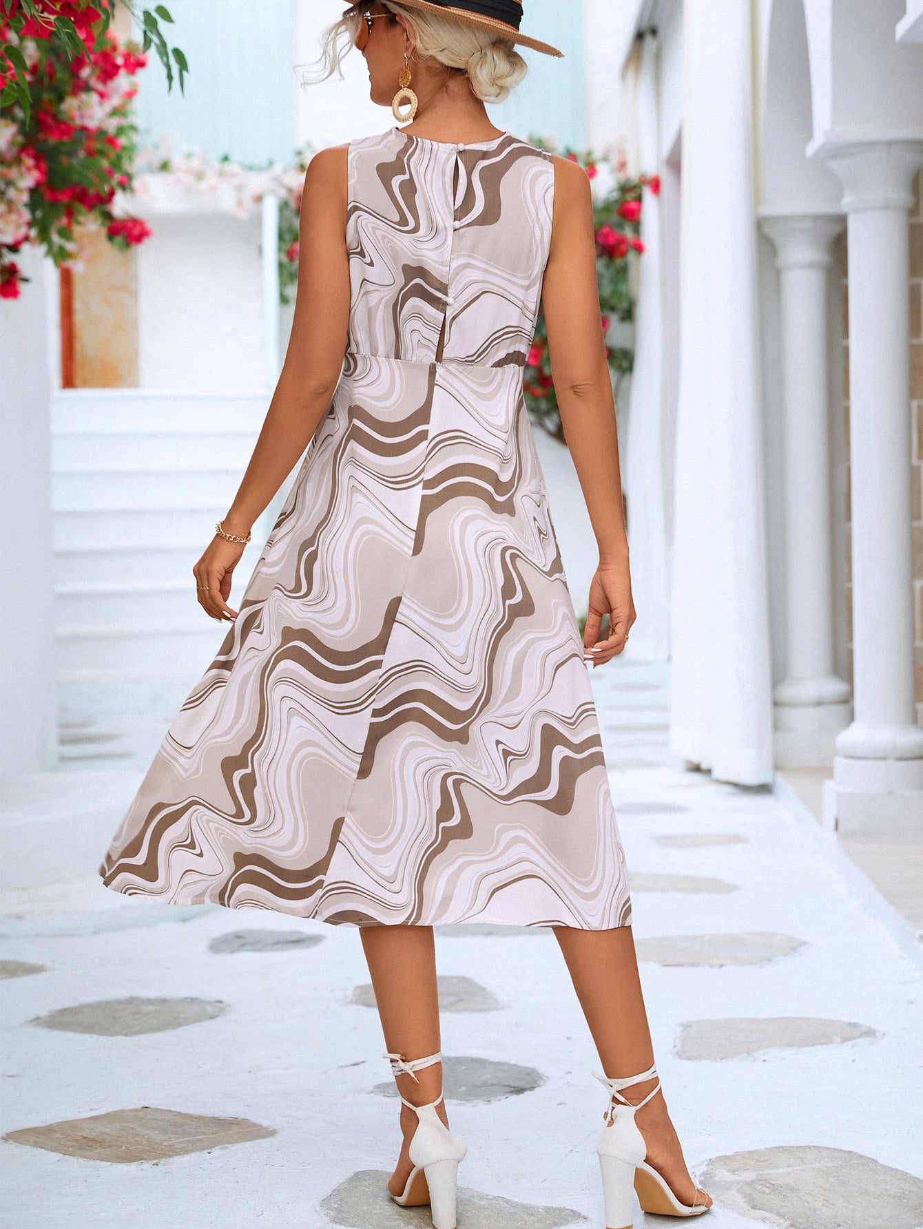 Printed Cowl Neck Sleeveless Dress apparel & accessories