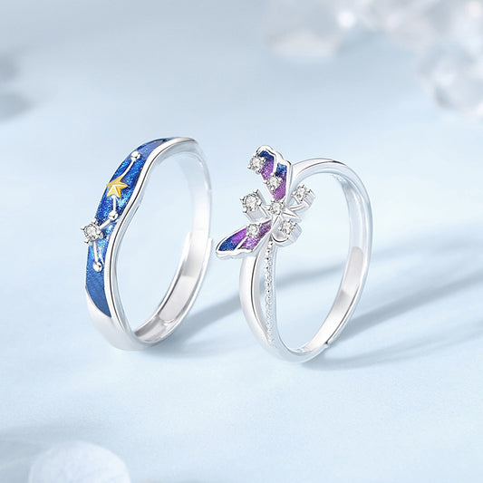 Starry Butterfly Lovers Couple Ring, Pure Silver, Small And Popular Jewelry