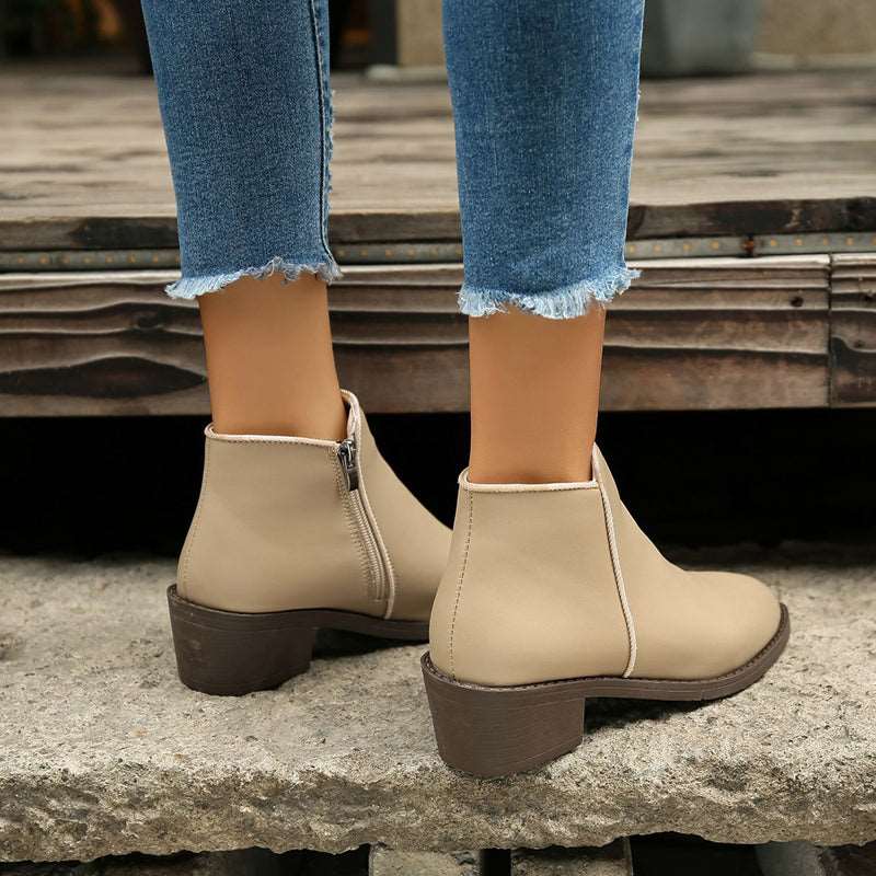 Ankle Boots Women Chunky Mid Heel Shoes Waterproof Side Zipper Boots Shoes & Bags