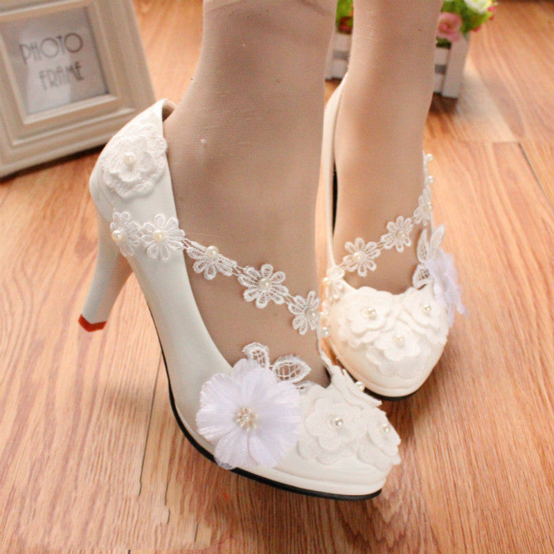 White Large Lace Low Heel Wedding Dress 3D Flower Women's Shoes Shoes & Bags