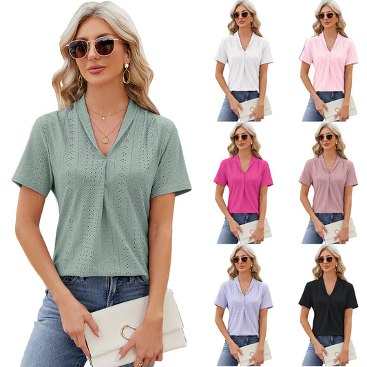 V-neck Hollow Design T-shirt Summer Loose Short-sleeved Top For Womens Clothing apparel & accessories