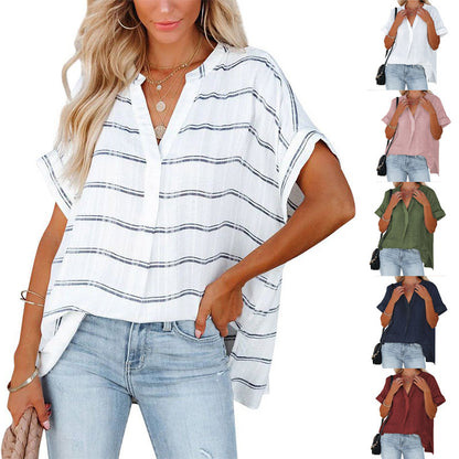 Summer Loose Shirt For Women Short Sleeve Thin V-Neck Pullover Shirt apparels & accessories