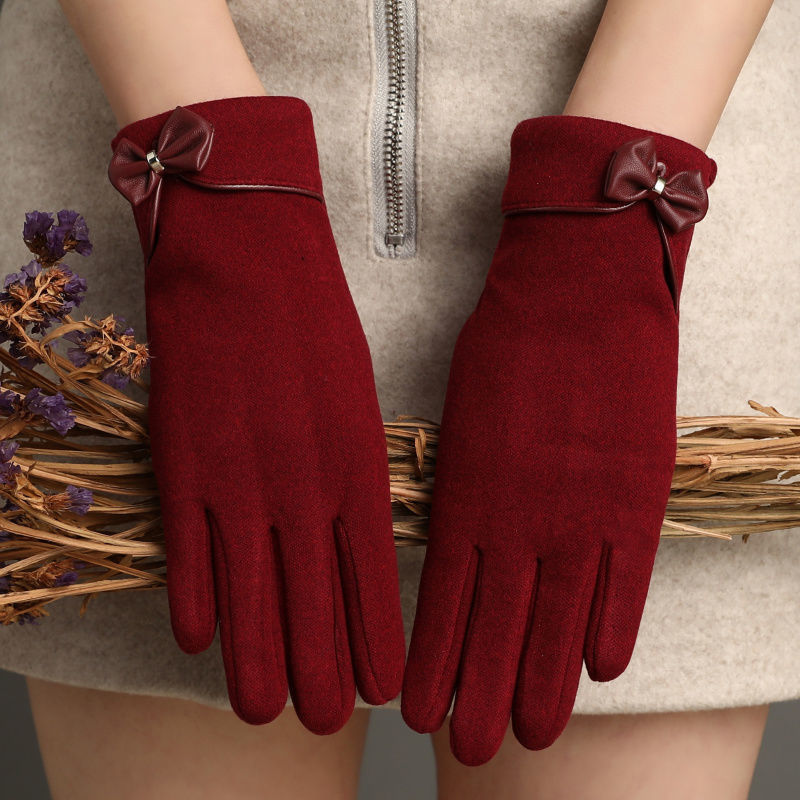 Fleece-lined De Suede Bow Gloves Touch Screen Warm Outdoor All-matching apparels & accessories