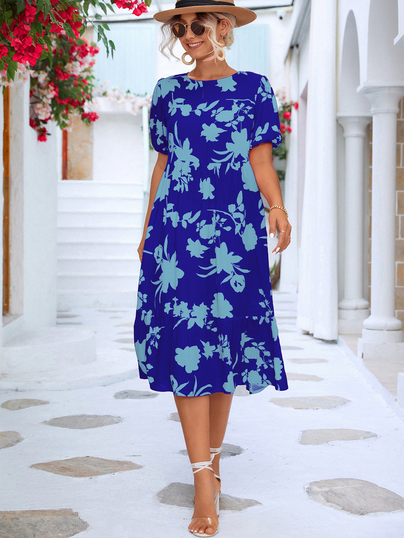 Floral Puff Sleeve Ruffle Hem Midi Dress apparel & accessories