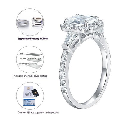 925 Sterling Silver D-color Emerald Cut Moissanite Ring 0