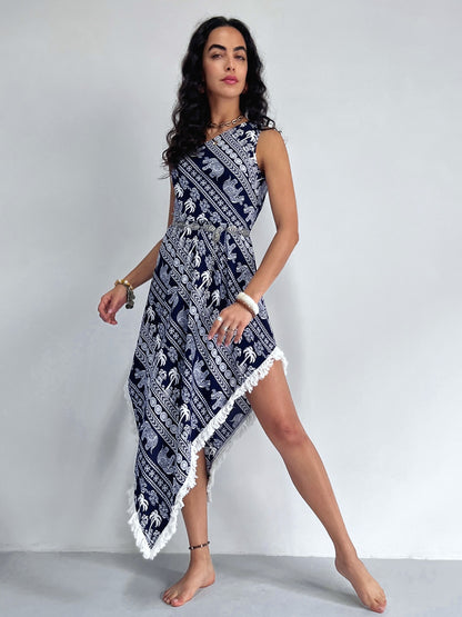 Fringe Printed Single Shoulder Dress Dresses & Tops