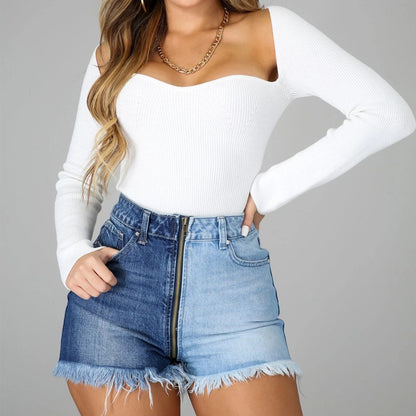 Summer Long Zipper Slimming High Waist Denim Shorts apparel & accessories