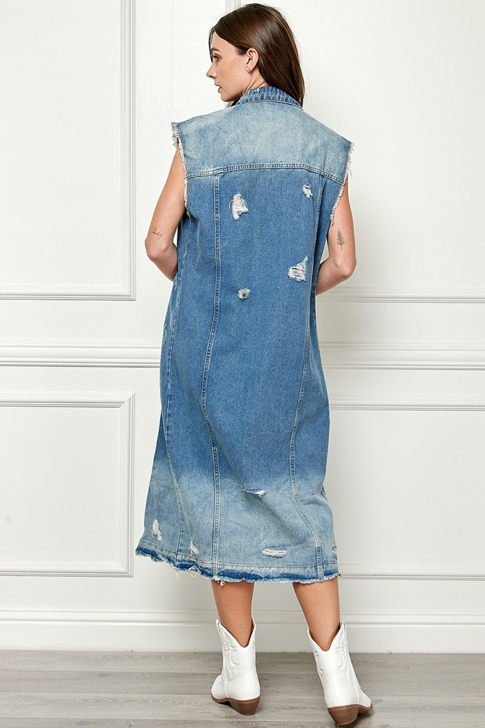 Veveret Full Size Distressed Sleeveless Longline Denim Jacket apparel & accessories