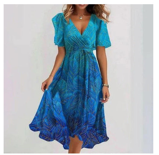 Chiffon Printed Short Sleeve Dress Summer Elegant V-neck Dresses Womens Clothing apparels & accessories