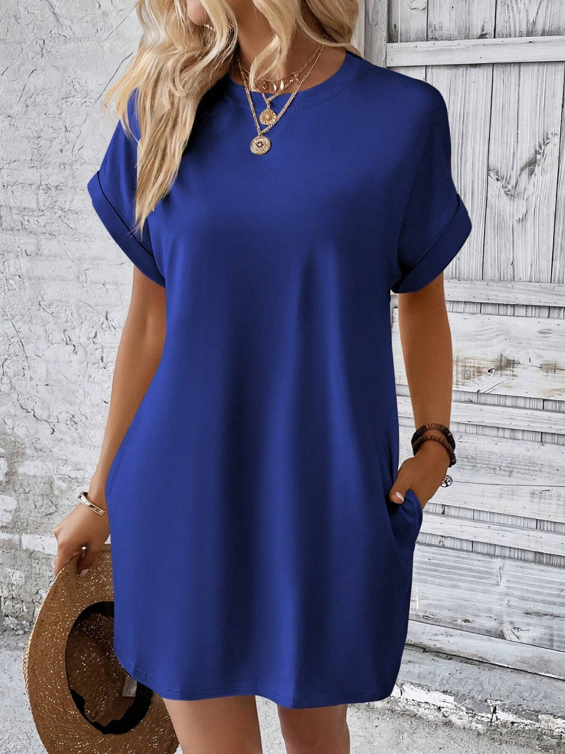 Round Neck Short Sleeve Mini Dress Dresses & Tops