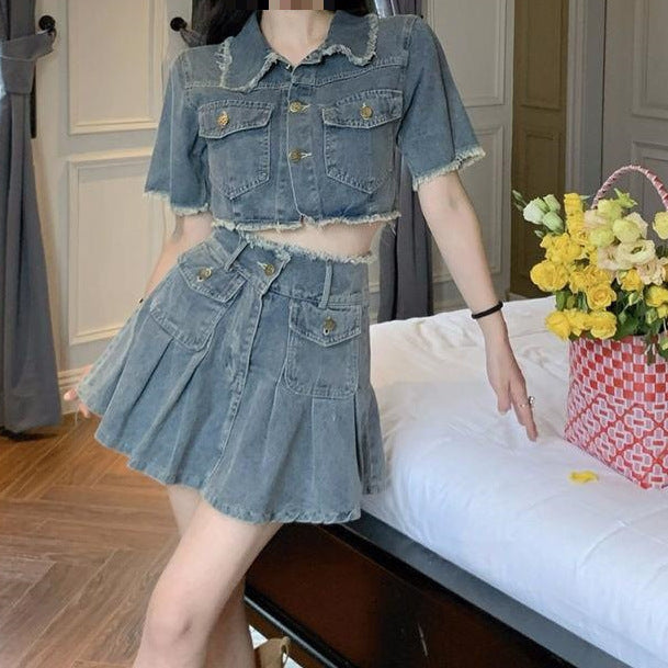 Vintage Washed Burlap Short Shirt Denim Set apparel & accessories