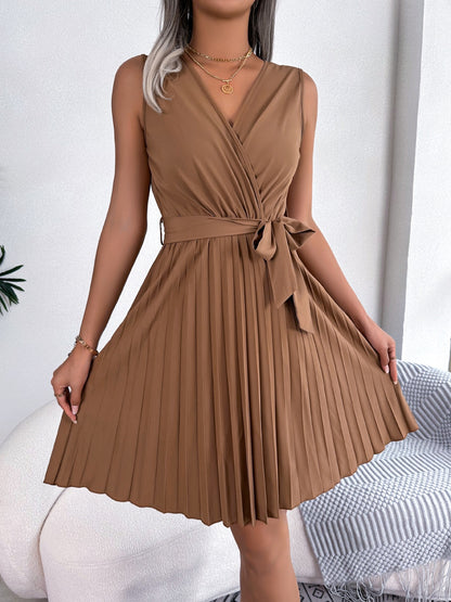 Tied Surplice Sleeveless Pleated Dress Dresses & Tops