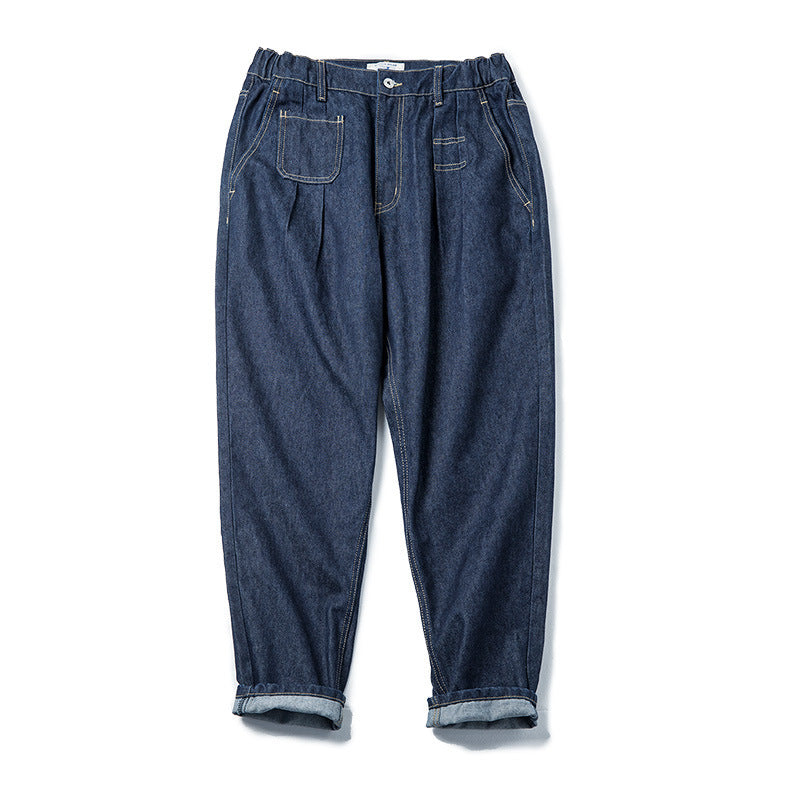 Vintage Denim Washed Elastic Waist Loose Jeans Cityboy Wide Leg Tapered Pants Men apparel & accessories
