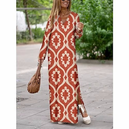 Printed V-neck Long Dress For Women apparels & accessories