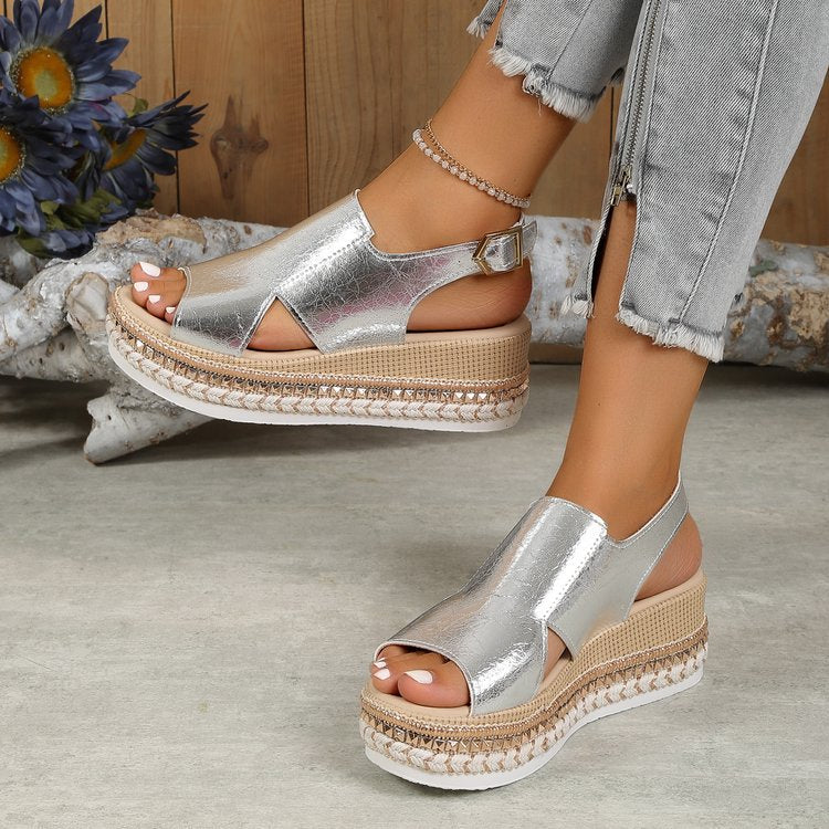 Summr Shiny Sandals Hollow Design Fish Mouth Sandal For Women Fashion Buckle Wedges Shoes Shoes & Bags