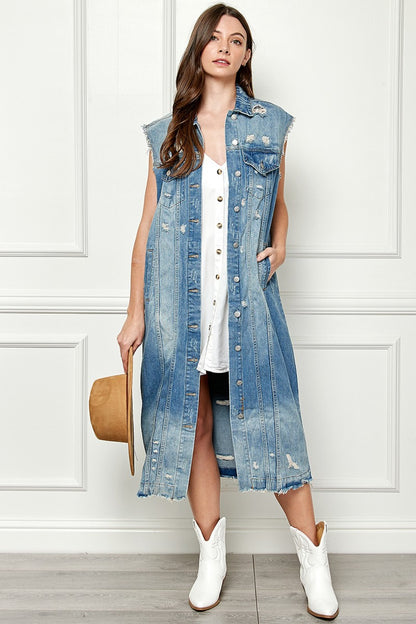 Veveret Full Size Distressed Sleeveless Longline Denim Jacket apparel & accessories