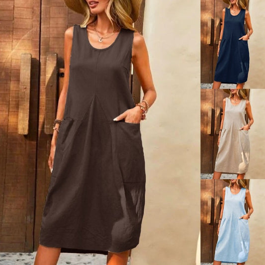 Sleeveless U-neck Dress With Pockets Design Casual Solid Color Loose Dresses Summer Fashion Womens Clothing apparel & accessories