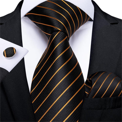 Men's Tie Luxury Black And Gold Striped Silk Woven apparels & accessories