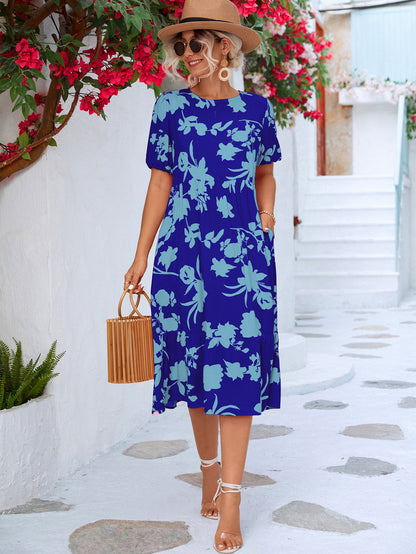 Floral Puff Sleeve Ruffle Hem Midi Dress apparel & accessories