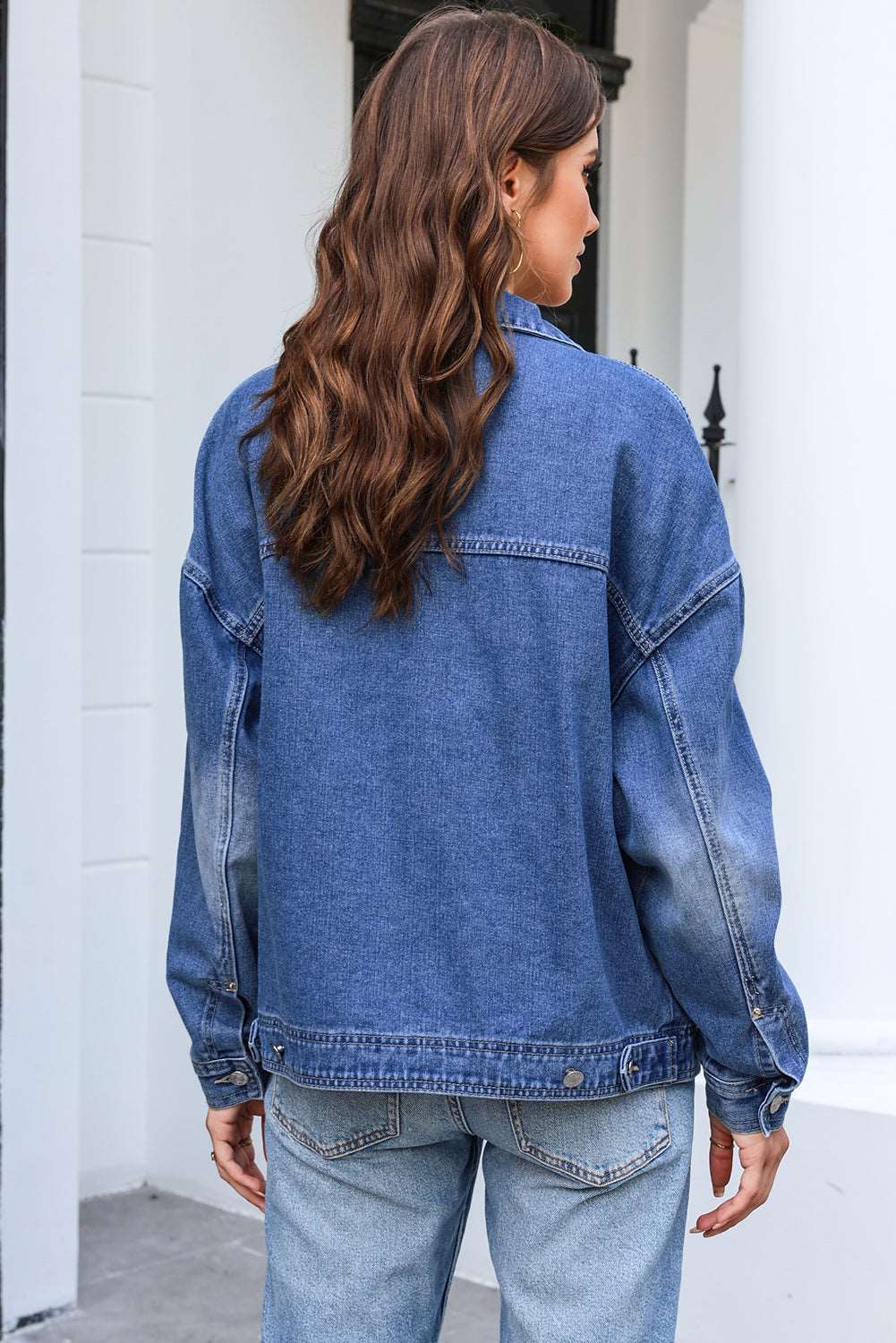 Button Up Dropped Shoulder Denim Jacket with Pockets Dresses & Tops