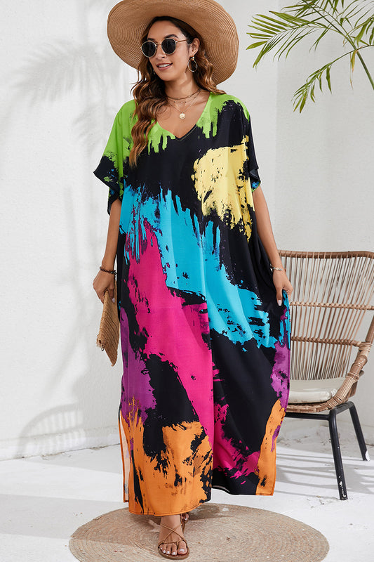 Slit Printed V-Neck Short Sleeve Cover Up apparel & accessories