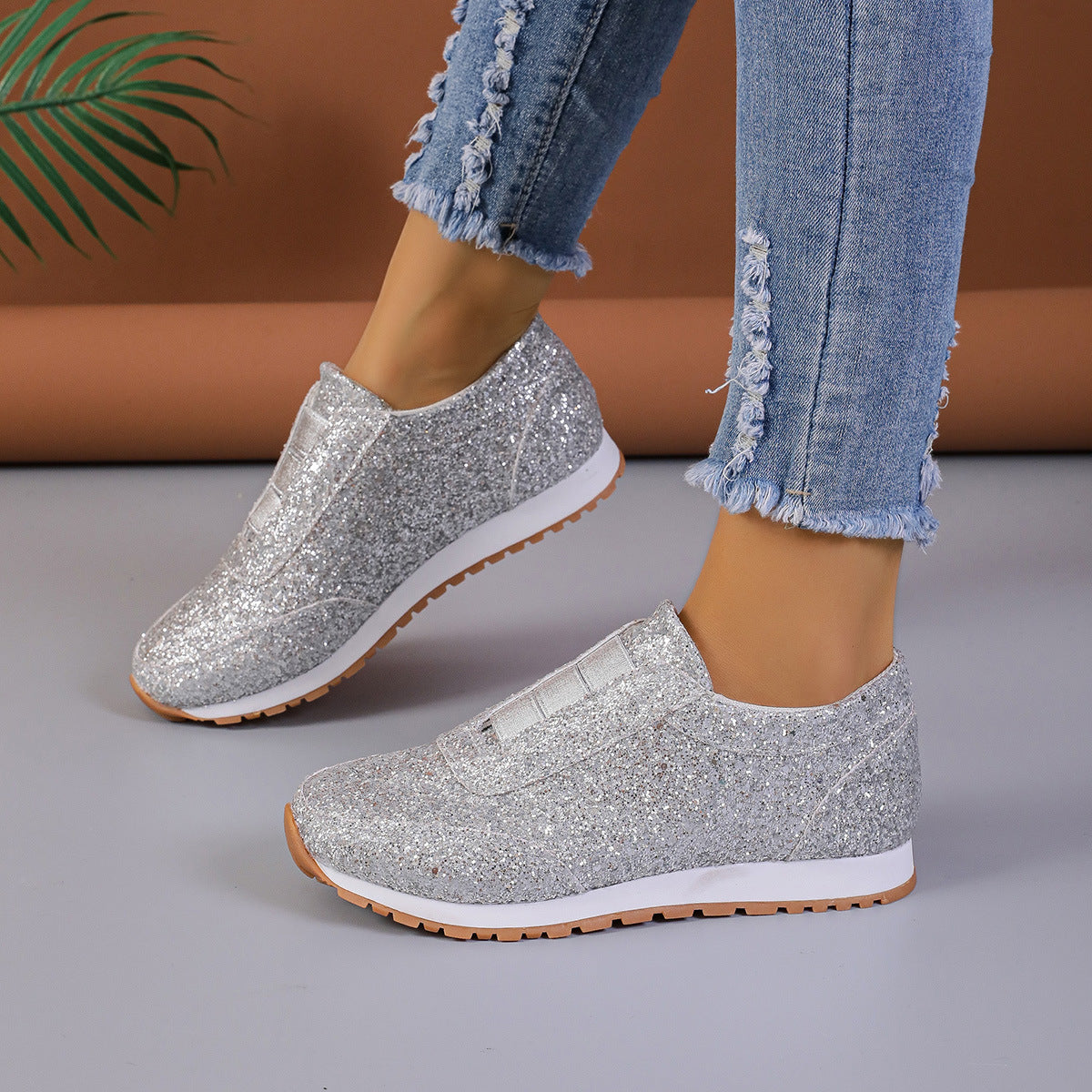 Gold Sliver Sequined Round Toe Slip-on Shoes Shoes & Bags