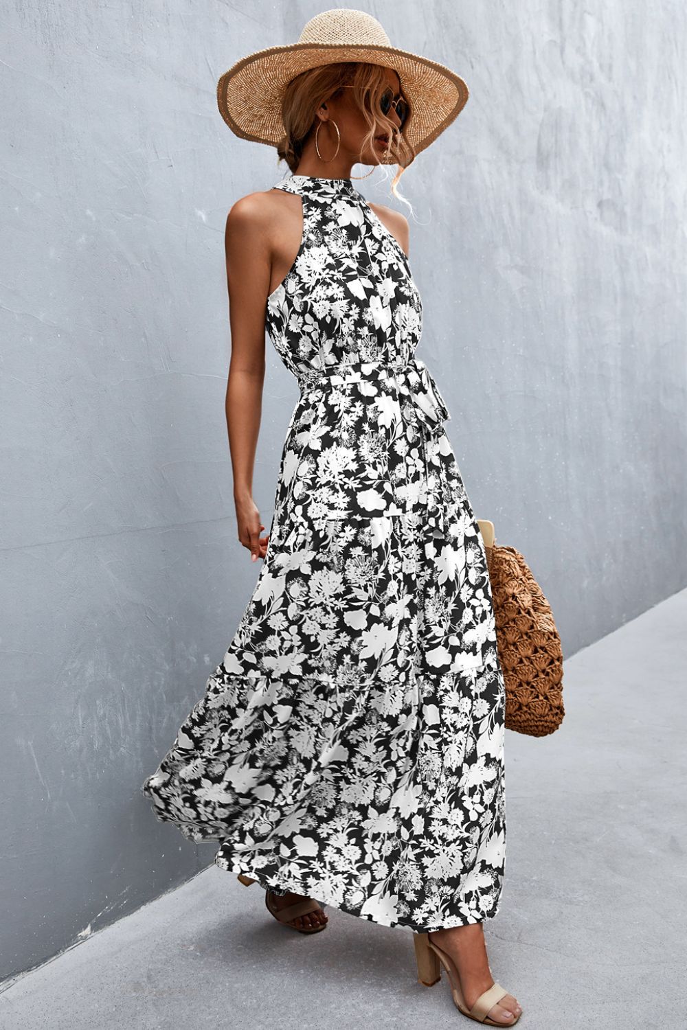 Printed Sleeveless Tie Waist Maxi Dress apparel & accessories